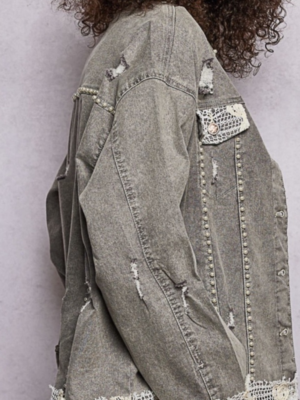 💕POL Distressed Gray Women's Denim Jacket with Pearl Accent - Picture 5 of 10
